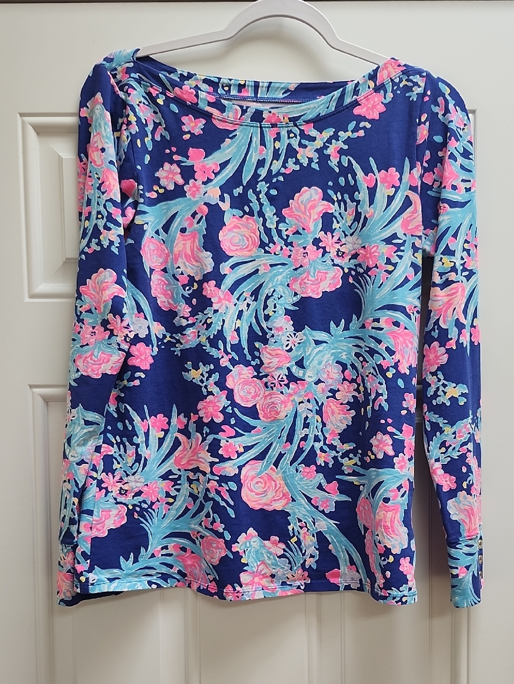 Navy Floral Long Sleeve Top with Pink & Aqua Flowers